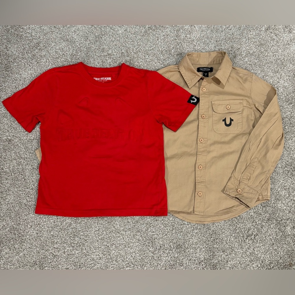 True Religion Boys Red Tee and Tan Shirt Combo